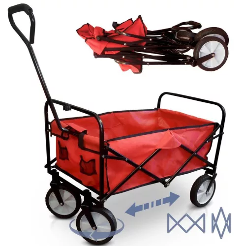 Strandkocsi, Strend Pro Garden, Taliga Praktik, 9,45 kg, piros raktér, fekete acélváz, összecsukható, vízlepergető PVC szövet, PVC kerekek