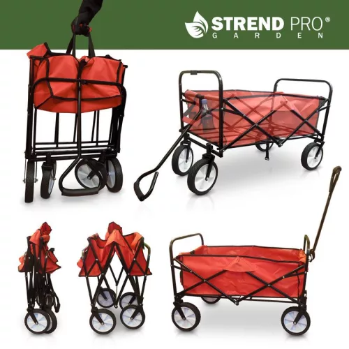 Strandkocsi, Strend Pro Garden, Taliga Praktik, 9,45 kg, piros raktér, fekete acélváz, összecsukható, vízlepergető PVC szövet, PVC kerekek
