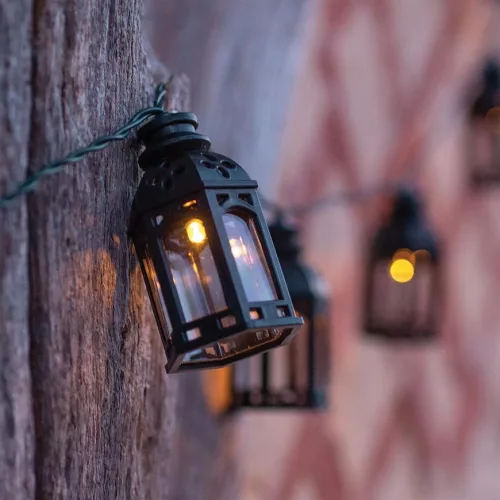 Napelemes kerti fényfüzér, Strend Pro Garden, lámpás kivitel, fekete, 10 LED, 1,8 m + 2 m kábel, akkumulátoros, automatikus kapcsolás, kültéri
