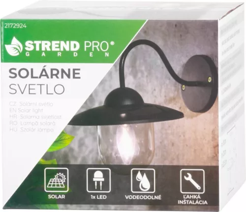 Napelemes fali lámpa, Strend Pro Garden, fekete, 23,5 × 18 × 20 cm, 1 LED, kültéri, műanyag, akkumulátoros, automatikus kapcsolás