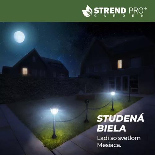 Napelemes kerti lámpa, Strend Pro Garden, lánckerítés szett 2 lámpával és 2 oszloppal, fekete, 16,5 × 16,5 × 71,5 cm, lánc: 138 cm, 1 LED/lámpa, hidegfehér fényű, műanyag, akkumulátoros, automatikus kapcsolás