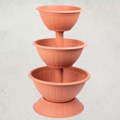 Műanyag háromszintes virágcserép, Strend Pro Garden Pyramid, terrakotta, átmérők: 25 cm / 32,5 cm / 40 cm, magasság: 79 cm, kerek