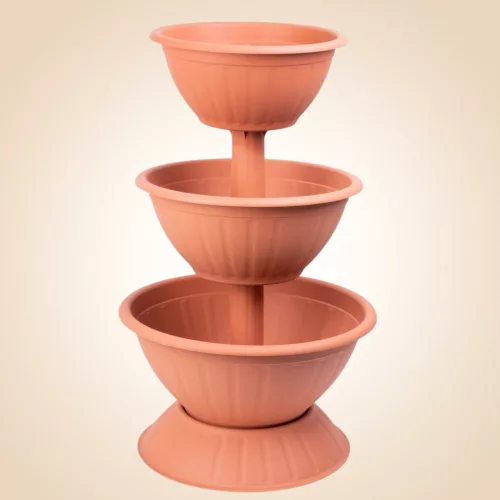 Műanyag háromszintes virágcserép, Strend Pro Garden Pyramid, terrakotta, átmérők: 32,5 cm / 40 cm / 47,5 cm, magasság: 82 cm, kerek