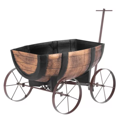 Műanyag virágláda kocsival, Strend Pro Garden Woodeff 817, világosbarna, 41,5 x 29 cm, magasság: 19 cm, hordó formájú, 11 l, fahatású, 4 kerék, húzókar
