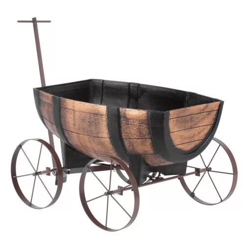 Műanyag virágláda kocsival, Strend Pro Garden Woodeff 817, világosbarna, 41,5 x 29 cm, magasság: 19 cm, hordó formájú, 11 l, fahatású, 4 kerék, húzókar