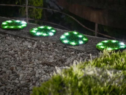 Napelemes kerti lámpa, Strend Pro Garden 6155, zöld, kör alakú gyepburkoló lapok, 24 cm, 4 db, 4 x 8 LED, műfűből készült, akkumulátoros