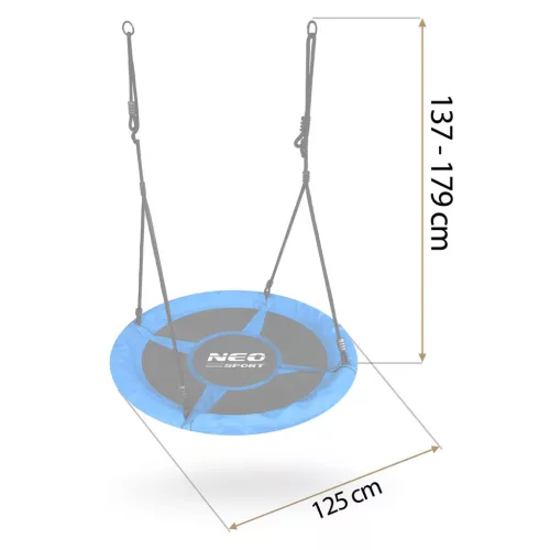 Fészekhinta, Neo-Sport Swingo, fekete/kék, átmérő: 115 cm, vízálló, állítható kötélmagasság: 137-179 cm, acél váz, párnázott, Oxford 600D poliészter, teherbírás: 150 kg, kerek