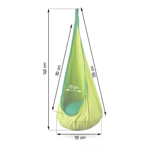 Gyerek függőfotel, Neo-Sport Kokon, zöld, átmérő: 55 cm, magasság: 140 cm, akasztóval, párnával, mosható, teherbírás: 80 kg