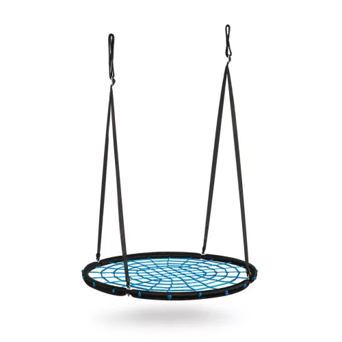 Fészekhinta, Neo-Sport NS-104, fekete/kék, átmérő: 120 cm, vízálló, állítható kötélmagasság: 90-160 cm, acél váz, poliészter pókhálókötél, teherbírás: 150 kg, kerek