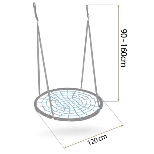 Fészekhinta, Neo-Sport NS-104, fekete/kék, átmérő: 120 cm, vízálló, állítható kötélmagasság: 90-160 cm, acél váz, poliészter pókhálókötél, teherbírás: 150 kg, kerek