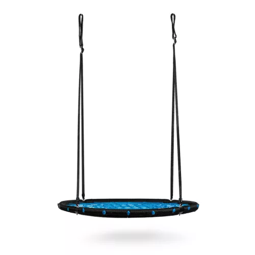 Fészekhinta, Neo-Sport NS-104, fekete/kék, átmérő: 120 cm, vízálló, állítható kötélmagasság: 90-160 cm, acél váz, poliészter pókhálókötél, teherbírás: 150 kg, kerek