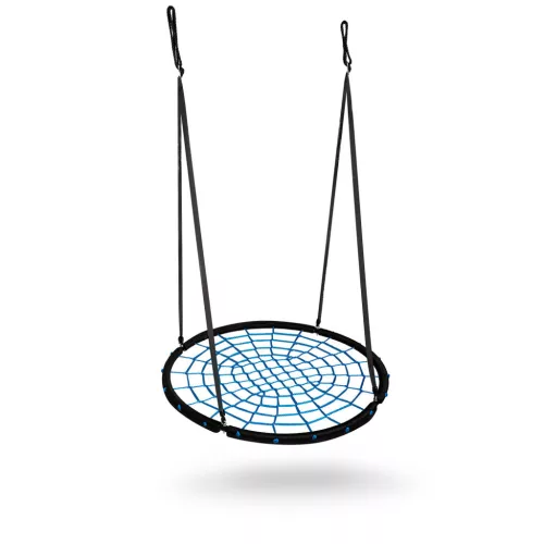 Fészekhinta, Neo-Sport NS-104, fekete/kék, átmérő: 120 cm, vízálló, állítható kötélmagasság: 90-160 cm, acél váz, poliészter pókhálókötél, teherbírás: 150 kg, kerek