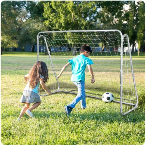 Futballkapu, Neo-Sport, 215 x 153 x 76 cm, PE háló, fém váz, időjárásálló, célzó ponyvával, rögzítővel, szerszám nélkül szerelhető