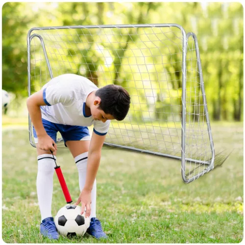 Futballkapu, Neo-Sport, 215 x 153 x 76 cm, PE háló, fém váz, időjárásálló, célzó ponyvával, rögzítővel, szerszám nélkül szerelhető
