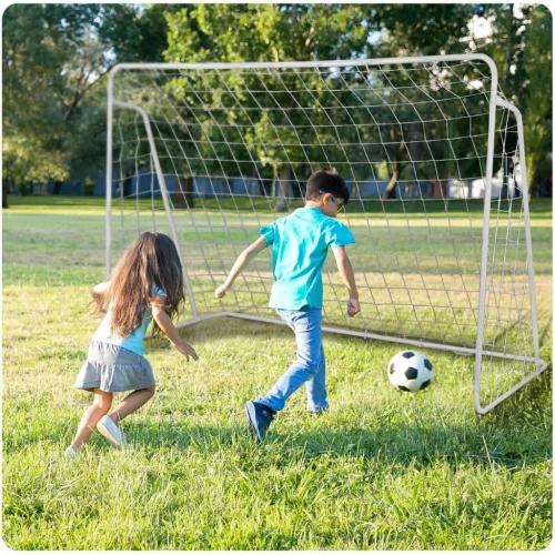 Futballkapu, Neo-Sport NS-457, 215 x 153 x 76 cm, fehér keret, fehér PE háló, fém váz, időjárásálló, 4 db rögzítő, könnyű kivitel, szerszám nélkül összeszerelhető