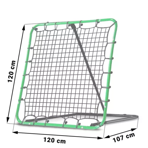 Visszapattanó futball edzőkapu, Neo-Sport, 120 x 120 cm, zöld keret, fekete PE háló, fém váz, időjárásálló, 4 db rögzítő
