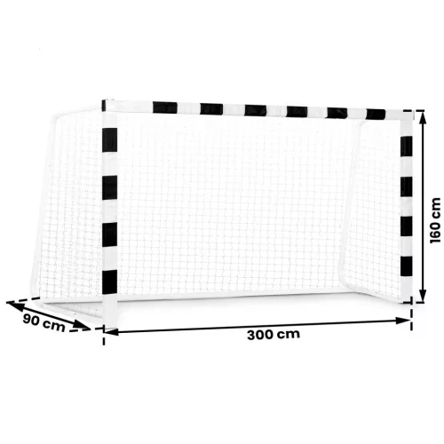 Futballkapu, Neo-Sport NS-460, 300 x 160 x 90 cm, fekete-fehér, fehér PE háló, fém váz, időjárásálló, keretvédő fedéllel, szerszám nélkül összeszerelhető