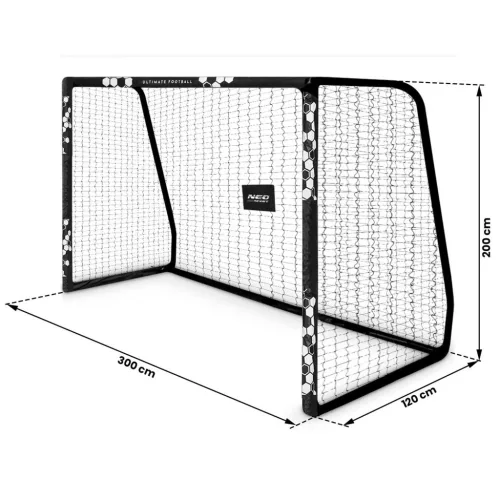 Futballkapu, Neo-Sport NS-472, 300 x 200 x 120 cm, fekete keret, fekete PE háló, fém váz, időjárásálló, keretvédő fedéllel, szerszám nélkül összeszerelhető