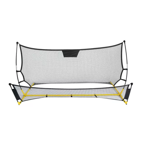 Visszapattanó futball edzőháló, Neo-Sport, 210 x 120 x 35 cm, kétoldalas, 2 az 1-ben, fém váz, fekete PE háló, 4 db rögzítő, beltéri és kültéri