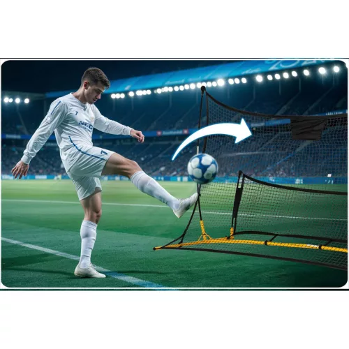 Visszapattanó futball edzőháló, Neo-Sport, 210 x 120 x 35 cm, kétoldalas, 2 az 1-ben, fém váz, fekete PE háló, 4 db rögzítő, beltéri és kültéri
