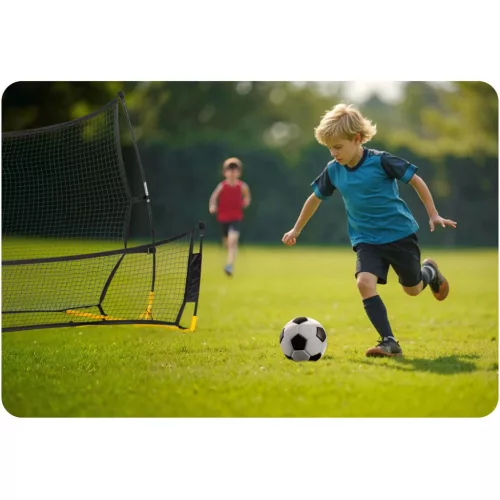 Visszapattanó futball edzőháló, Neo-Sport, 210 x 120 x 35 cm, kétoldalas, 2 az 1-ben, fém váz, fekete PE háló, 4 db rögzítő, beltéri és kültéri