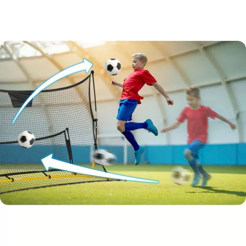 Visszapattanó futball edzőháló, Neo-Sport, 210 x 120 x 35 cm, kétoldalas, 2 az 1-ben, fém váz, fekete PE háló, 4 db rögzítő, beltéri és kültéri