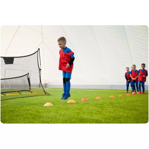 Visszapattanó futball edzőháló, Neo-Sport, 210 x 120 x 35 cm, kétoldalas, 2 az 1-ben, fém váz, fekete PE háló, 4 db rögzítő, beltéri és kültéri