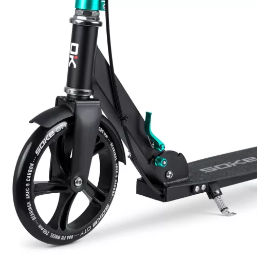 Klasszikus roller, SOKE City, türkiz, összecsukható, 20 cm 88A PU kerekek, ABEC-9 csapágy, kézi és lábfék, állítható magasság, maximum 100 kg