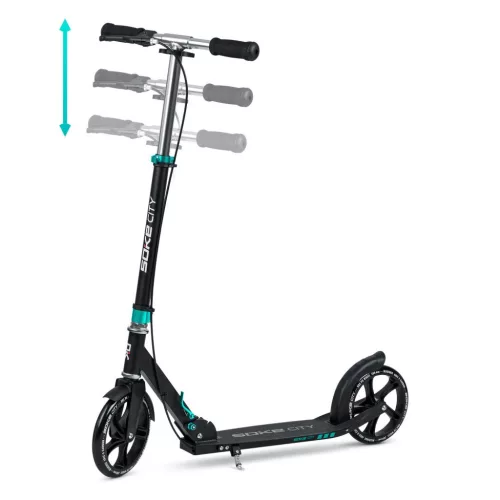 Klasszikus roller, SOKE City, türkiz, összecsukható, 20 cm 88A PU kerekek, ABEC-9 csapágy, kézi és lábfék, állítható magasság, maximum 100 kg