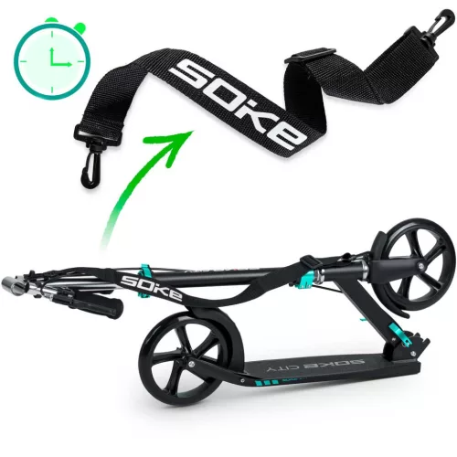 Klasszikus roller, SOKE City, türkiz, összecsukható, 20 cm 88A PU kerekek, ABEC-9 csapágy, kézi és lábfék, állítható magasság, maximum 100 kg