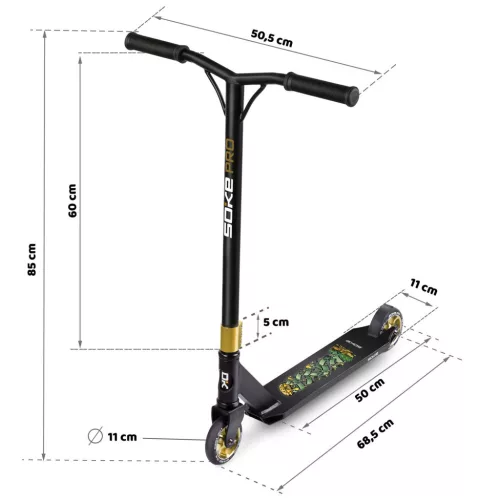 Kaszkadőr roller, SOKE PRO, arany, mintás, 85 cm, 11 cm 88A PU kerekek, ABEC-9 csapágy, HIC kompresszió, Y kormány, max. 100 kg