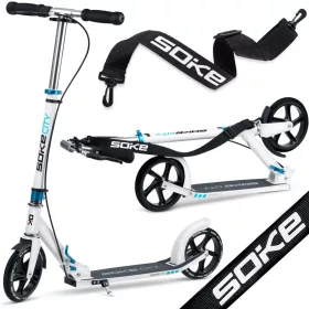   Klasszikus roller, SOKE City, fehér, összecsukható, 20 cm 88A PU kerekek, ABEC-9 csapágy, kézi és lábfék, állítható magasság, maximum 100 kg