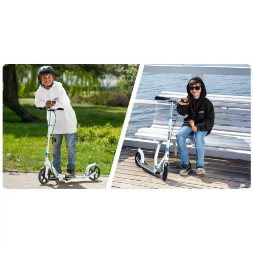 Klasszikus roller, SOKE City, fehér, összecsukható, 20 cm 88A PU kerekek, ABEC-9 csapágy, kézi és lábfék, állítható magasság, maximum 100 kg