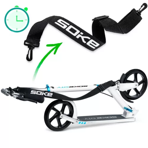 Klasszikus roller, SOKE City, fehér, összecsukható, 20 cm 88A PU kerekek, ABEC-9 csapágy, kézi és lábfék, állítható magasság, maximum 100 kg