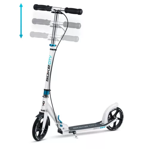 Klasszikus roller, SOKE City, fehér, összecsukható, 20 cm 88A PU kerekek, ABEC-9 csapágy, kézi és lábfék, állítható magasság, maximum 100 kg