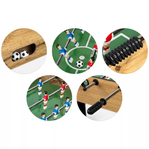 Csocsóasztal, Neo-Sport NS-805, zöld/fa, 115 x 60 x 78 cm, állítható lábak, 22 játékos, 3 labda, 8 krómozott rúd, csúszásgátló fogantyúk, kézi számláló
