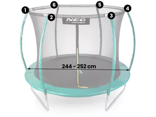 Trambulin belső védőháló, Neo-Sport 1831, átmérő: 252 cm, magasság: 180 cm, 6 oszlophoz, polietilén, cipzáras bejárat
