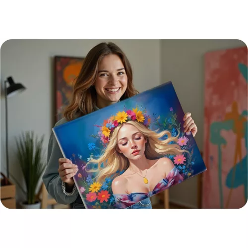 Számfestő készlet, Massido, virágkoronás női portré, 40 x 50 cm, színes, vászon alap, számozott, ecsetekkel és akrilfestékkel, fali akasztókkal