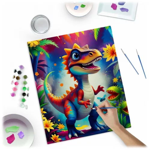 Számfestő készlet, Massido, dinoszaurusz minta, 40 x 50 cm, színes, vászon alapú, ecsetekkel és vízbázisú festékekkel, fali akasztókkal