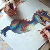 Számfestő készlet, Massido, dinoszaurusz minta, 40 x 50 cm, színes, vászon alapú, ecsetekkel és vízbázisú festékekkel, fali akasztókkal