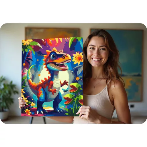 Számfestő készlet, Massido, dinoszaurusz minta, 40 x 50 cm, színes, vászon alapú, ecsetekkel és vízbázisú festékekkel, fali akasztókkal