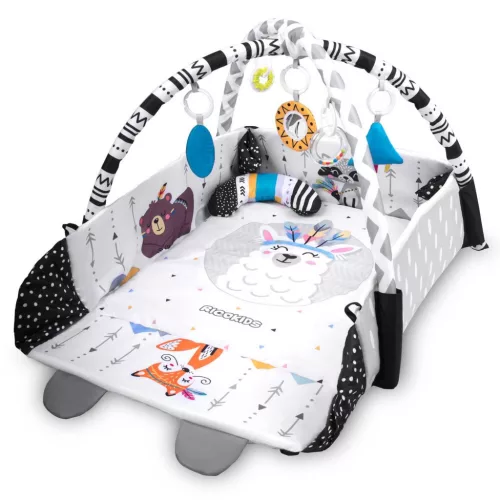 Játszószőnyeg, Ricokids Boho, 110 x 100 cm, levehető ívekkel, 7 db játékkal, párnával, tükörrel