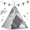 Gyereksátor, Nukido Tipi, fényfüzérrel, 120 x 120 x 165 cm, szürke, csillagmintás, fenyőfa rudak, 3 párna, stabilizátor, hordtáska