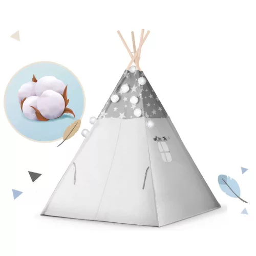Gyereksátor, Nukido Tipi, fényfüzérrel, 120 x 120 x 165 cm, szürke, csillagmintás, fenyőfa rudak, 3 párna, stabilizátor, hordtáska