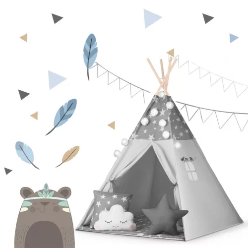 Gyereksátor, Nukido Tipi, fényfüzérrel, 120 x 120 x 165 cm, szürke, csillagmintás, fenyőfa rudak, 3 párna, stabilizátor, hordtáska