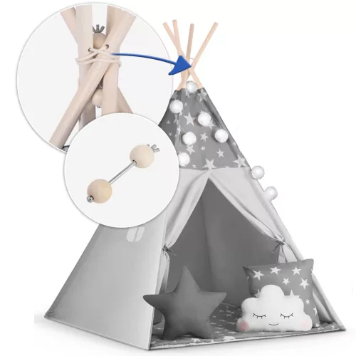 Gyereksátor, Nukido Tipi, fényfüzérrel, 120 x 120 x 165 cm, szürke, csillagmintás, fenyőfa rudak, 3 párna, stabilizátor, hordtáska