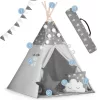 Gyereksátor, Nukido Tipi, fényfüzérrel, 120 x 120 x 165 cm, szürke, csillagmintás, fenyőfa rudak, 3 párna, stabilizátor, hordtáska
