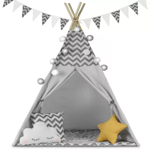 Gyereksátor, Nukido Tipi, fényfüzérrel, 120 x 120 x 165 cm, szürke, 175 g/m2 pamut, fenyőfa rudak, 3 párna és szigetelő szőnyeg, hordtáska