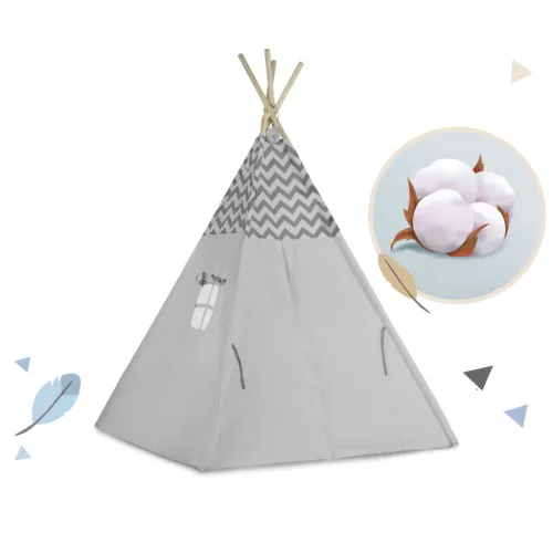 Gyereksátor, Nukido Tipi, fényfüzérrel, 120 x 120 x 165 cm, szürke, 175 g/m2 pamut, fenyőfa rudak, 3 párna és szigetelő szőnyeg, hordtáska