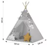 Gyereksátor, Nukido Tipi, fényfüzérrel, 120 x 120 x 165 cm, szürke, 175 g/m2 pamut, fenyőfa rudak, 3 párna és szigetelő szőnyeg, hordtáska